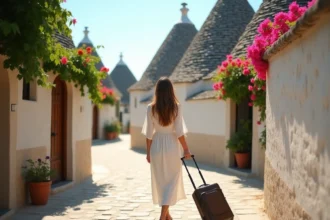 Voyageuse sans voiture se promenant dans les ruelles pavées d'Alberobello parmi les trulli des Pouilles