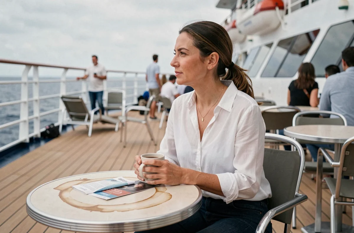 Femme voyageuse en pause café sur la terrasse d'un navire de croisière, regard pensif vers l'horizon