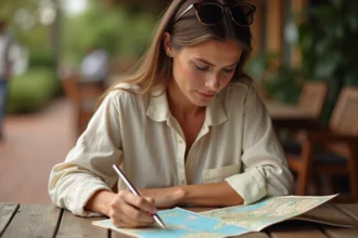Voyageuse consultant une check-list de sécurité et une carte de Zanzibar sur une terrasse africaine avant son départ