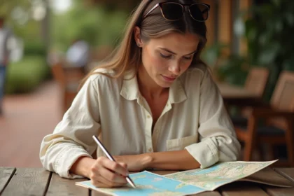 Voyageuse consultant une check-list de sécurité et une carte de Zanzibar sur une terrasse africaine avant son départ