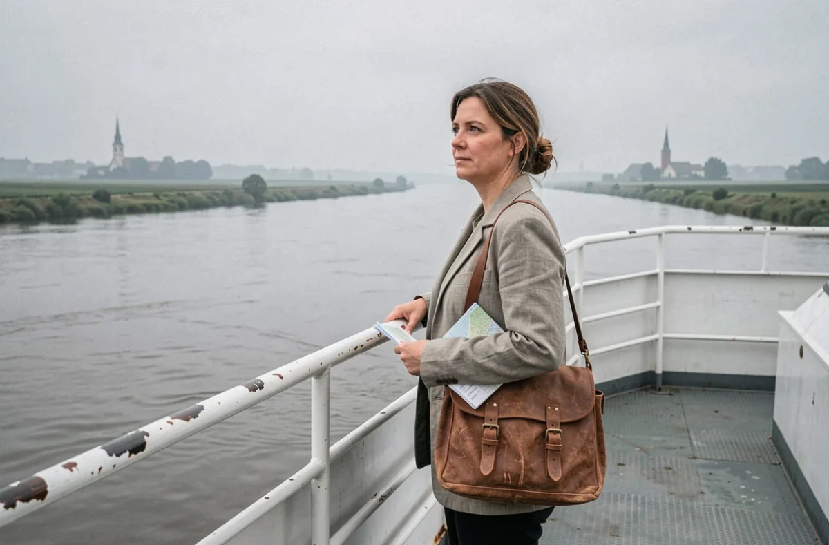 Voyageuse solitaire à bord d'un ferry fluvial sur le Danube avec paysage de plaine européenne