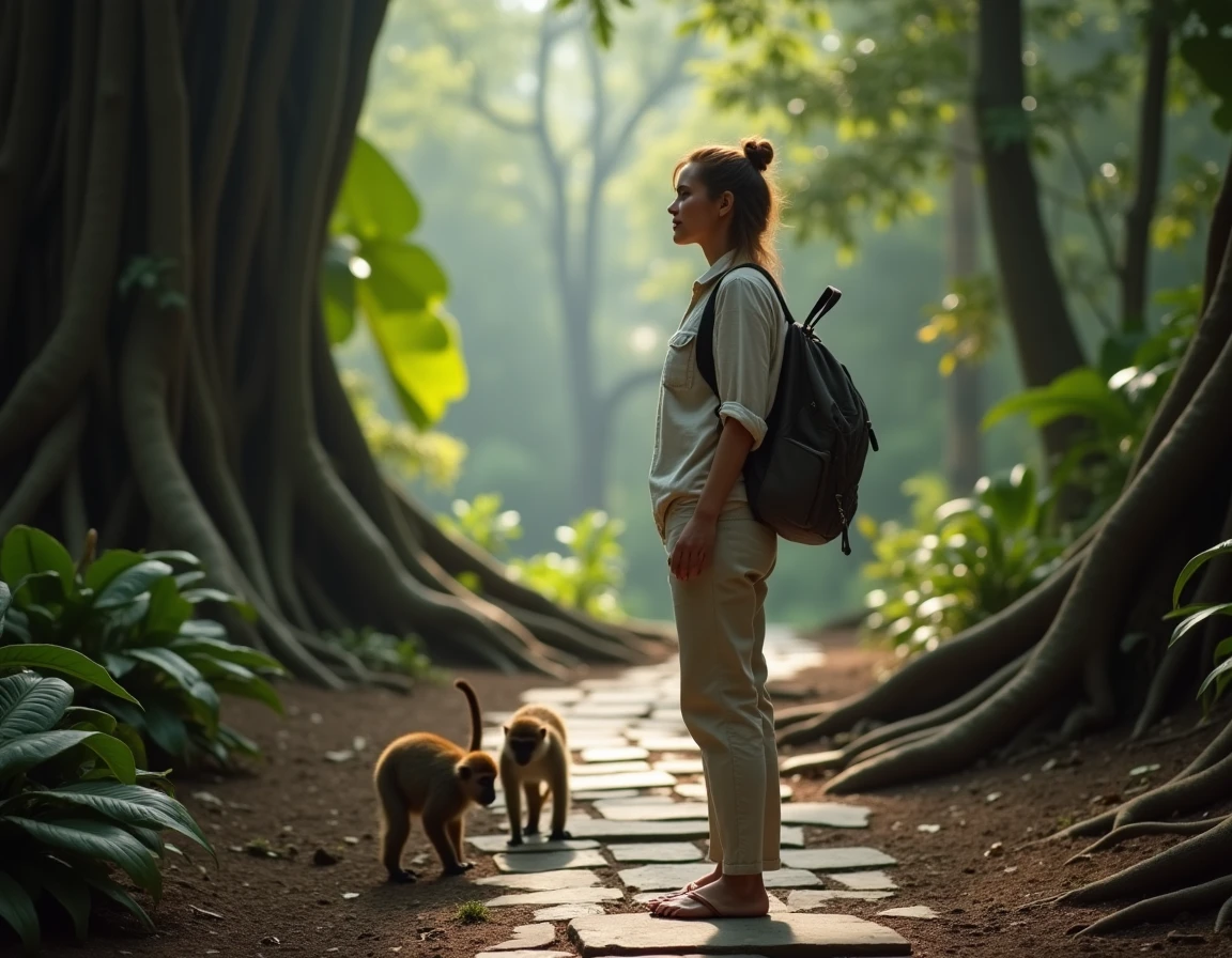 Voyageuse observant des singes macaques sur un sentier de la forêt sacrée d'Ubud en pleine immersion dans la jungle tropicale de Bali