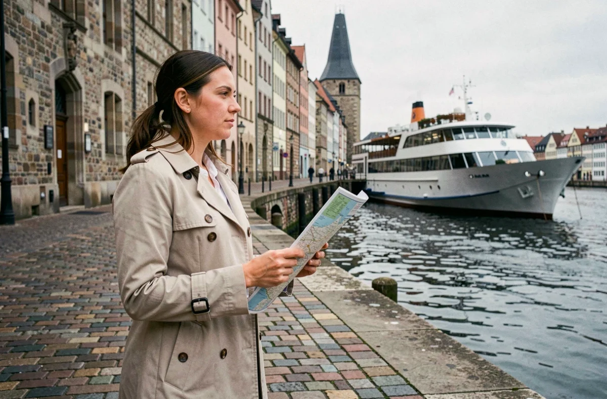 Voyageuse seule avec une carte sur les quais pavés d'une ville historique au bord du Rhin avec un bateau amarré