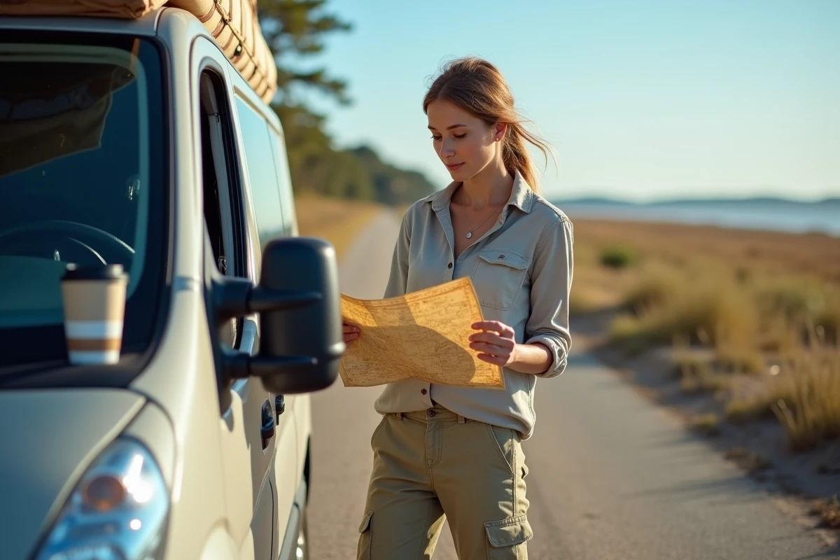 Voyageuse consultant une carte routière devant son van sur une route côtière de l'île d'Oléron pendant un road trip