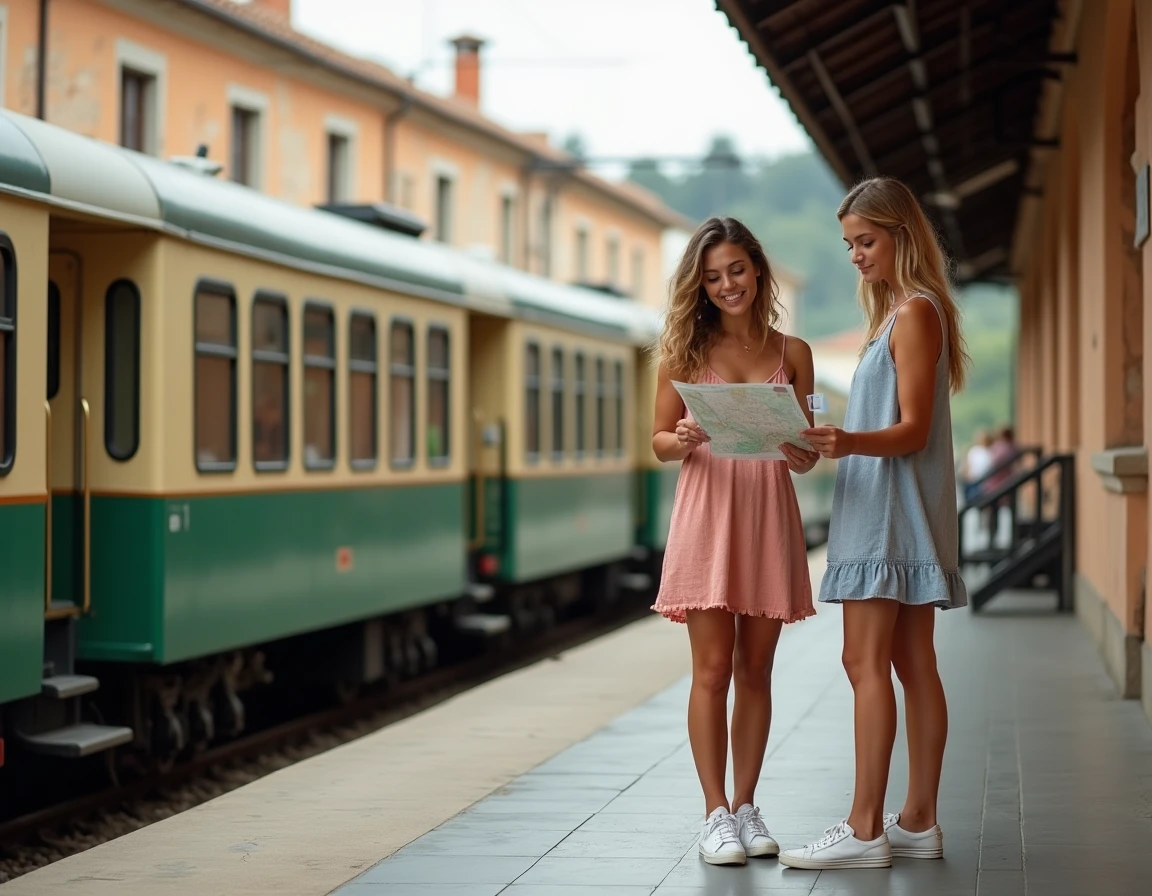 Deux voyageuses consultant une carte sur le quai de la gare régionale de Lecce pour visiter les Pouilles en train