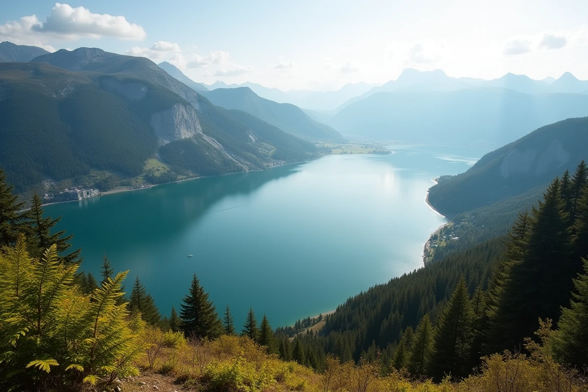 Vue panoramique du Lac du Bourget depuis les hauteurs, montrant toute la superficie du lac alpin et les montagnes environnantes
