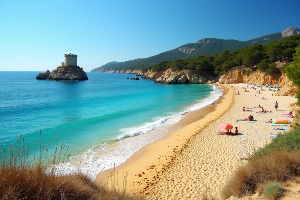 Vue panoramique de la plage de Fautea Arinella en Corse-du-Sud avec la tour génoise et ses eaux turquoise, une des plus belles plages accessibles du littoral corse